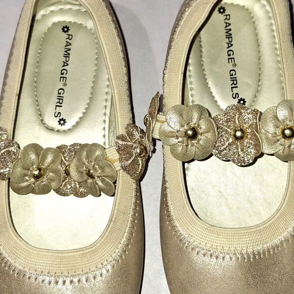 Rampage Girls Gold Ballet Flats Sparkly Glitter Dress Shoes Flower Strap Size 8M